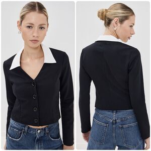 Reformation Pia Knit Top Black Collared Long Sleeve Button Up Size Small